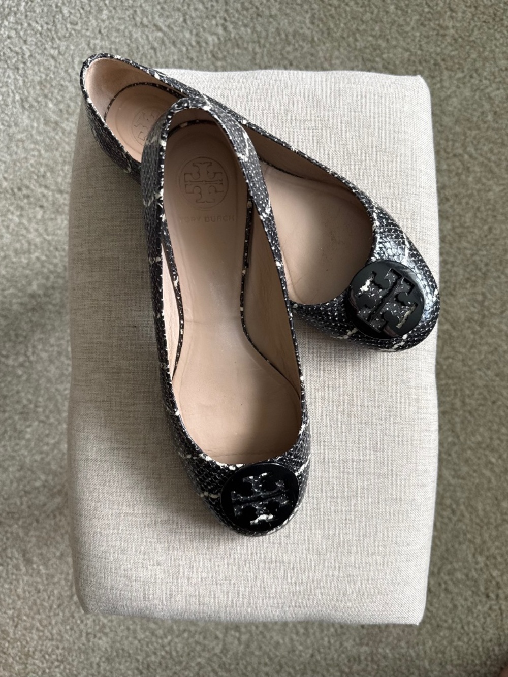 Tory Burch Snake-Print Flats in Black and White with Black Logo